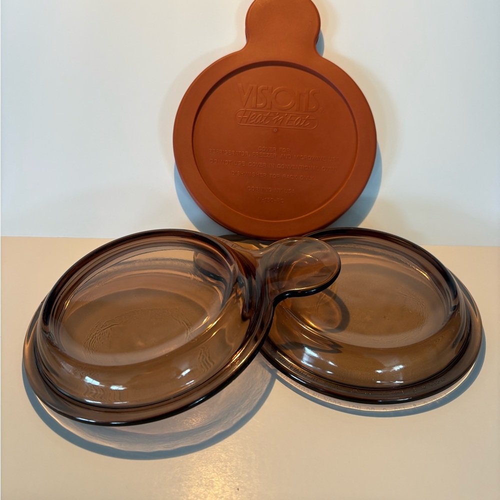 Pyrex Vision Grab It Bowl Lids Amber Glass Plastic P-150- C Set Of 3